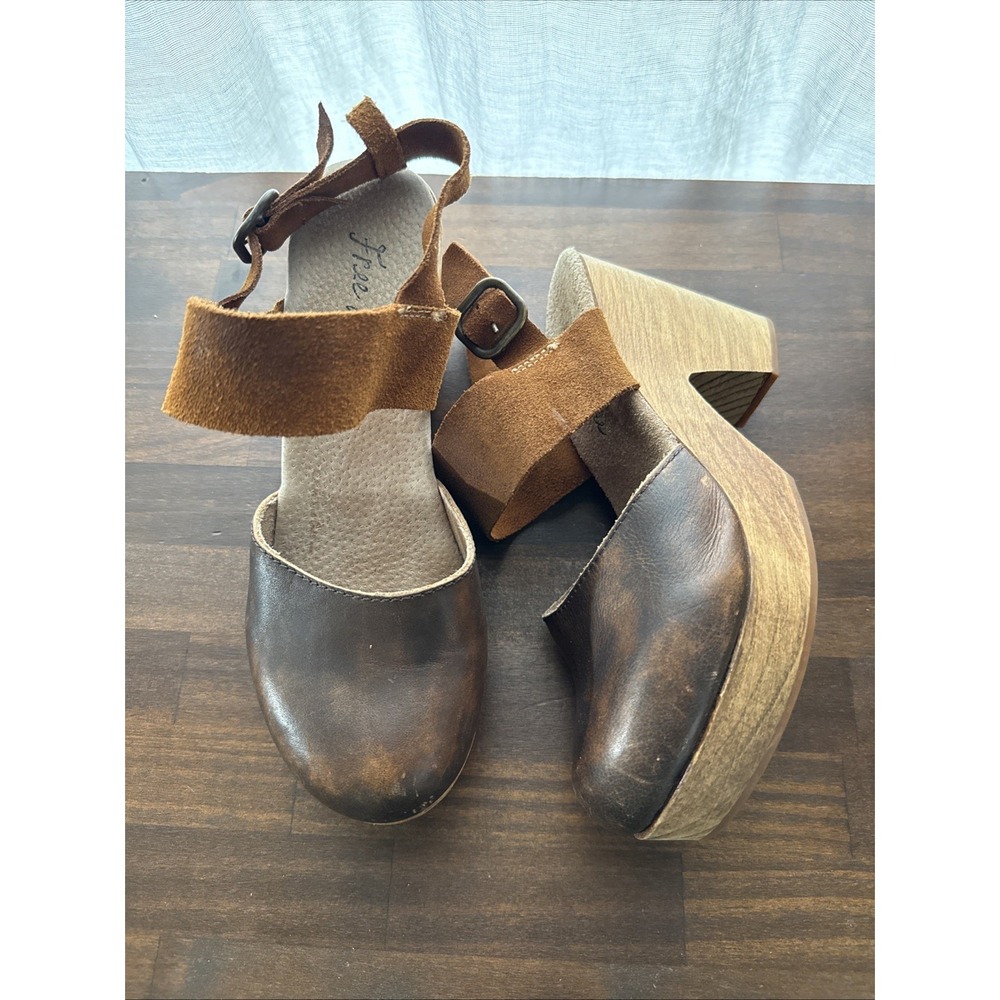 Free People Belmont Brown Leather Ankle Strap High Heel Clogs Women's Sz 37